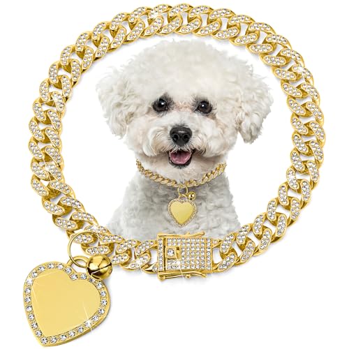 Hillban Hundekette, vergoldet, Diamant-Halsband mit Herz, Strasssteinen, Schmuck, Haustier-ID-Tag-Kette, Herz, glitzerndes Halsband mit personalisiertem Namensschild für kleine, mittelgroße und große von Hillban
