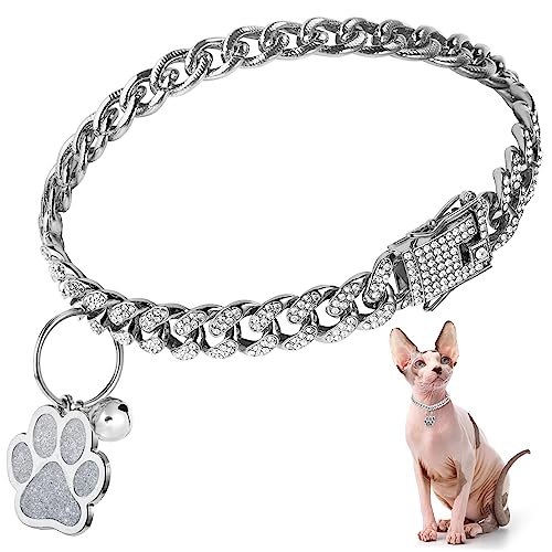 Hillban Katzenhalsband, Diamantkette, Glitzer-Halsband, Metall mit sicherer Schnalle, Katzen-Haustier-Halskette mit Pfoten-Anhänger und ID-Tag, Glöckchenglied, kubanisches Schmuckzubehör (20,3 cm, von Hillban