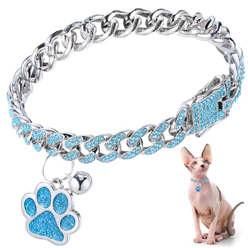 Hillban Katzenhalsband, Diamantkette, Glitzer-Halsband, Metall mit sicherer Schnalle, Katzen-Haustier-Halskette mit Pfoten-Anhänger und ID-Tag, Glöckchenglied, kubanisches Schmuckzubehör (20,3 cm, Hillban Katzenhalsband, Diamantkette, Glitzer-Halsband, Metall mit sicherer Schnalle, Katzen-Haustier-Halskette mit Pfoten-Anhänger und ID-Tag, Glöckchenglied, kubanisches Schmuckzubehör (20,3 cm, von Hillban
