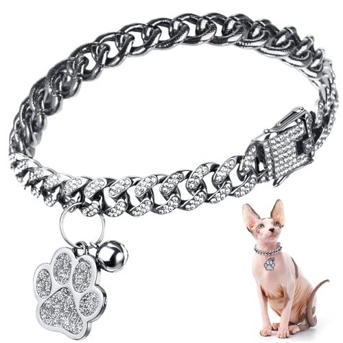 Hillban Katzenhalsband, Diamantkette, Glitzer-Halsband, Metall mit sicherer Schnalle, Katzen-Haustier-Halskette mit Pfoten-Anhänger und ID-Tag, Glöckchenglied, kubanisches Schmuckzubehör (20,3 cm, von Hillban