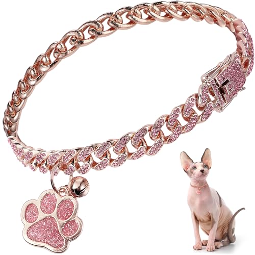 Hillban Katzenhalsband, Diamantkette, Glitzer-Halsband, Metall mit sicherer Schnalle, Katzen-Haustier-Halskette mit Pfoten-Anhänger und ID-Tag, Glöckchenglied, kubanisches Schmuckzubehör (20,3 cm, von Hillban