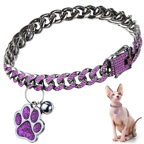 Hillban Katzenhalsband, Diamantkette, Glitzer-Halsband, Metall mit sicherer Schnalle, Katzen-Haustier-Halskette mit Pfoten-Anhänger und ID-Tag, Glöckchenglied, kubanisches Schmuckzubehör (20,3 cm, Hillban Katzenhalsband, Diamantkette, Glitzer-Halsband, Metall mit sicherer Schnalle, Katzen-Haustier-Halskette mit Pfoten-Anhänger und ID-Tag, Glöckchenglied, kubanisches Schmuckzubehör (20,3 cm, von Hillban