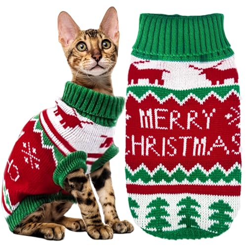 Katzen Kleidung Winter Hillylolly Haustier Pullover Katze Warm, Katzen Kleidung süß, Strickpullover für Katze rosa, Pullover, Winterhaustierkleidung (Rot+Grün, XL) von Hillylolly