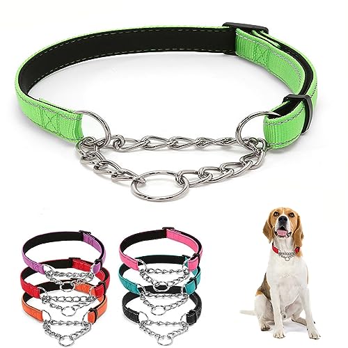 Edelstahlkette Martingale Halsband - Edelstahlkette Reflektierendes Nylongewebe Haustierhalsbänder für kleine, mittelgroße und große Hunde Grün XL von HimyBB