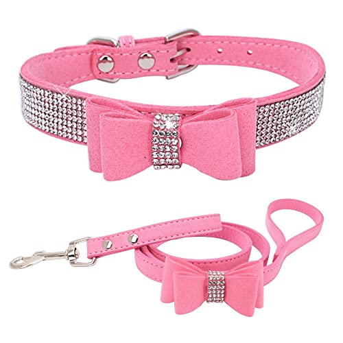 HimyBB Hundehalsband + Leine, Set für kleine Haustiere, Hunde, Katzen, Welpen, Strass, niedlich, schillernd, funkelnd, weiches Pink, XXL von HimyBB