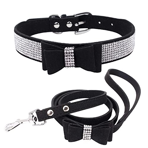 HimyBB Hundehalsband + Leine, Set für kleine Haustiere, Hunde, Katzen, Welpen, Strass, niedlich, schillernd, funkelnd, weiches Samtleder, Schwarz, Größe L von HimyBB