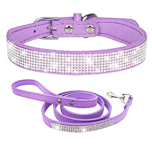 Hundehalsband mit Strasssteinen und Leine, Set für kleine Haustiere, Katzen, Welpen, niedlich, schillernd, funkelnd, Samt-Leder, Lila, Größe XS von HimyBB