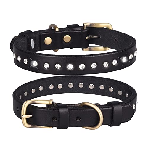 Hundehalsband aus Leder im Retro-Stil, für kleine, mittelgroße und große Katzen, verstellbar, weich, Welpenhalsband, klassisches Haustierhalsband, Strass, Schwarz, S von HimyBB