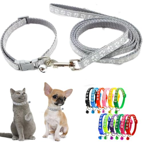 Hundehalsband mit Glöckchen-Leine, Nylon, reflektierend, Pfotenabdruck, für Jungen, Mädchen, XS, kleine Katze, Haustierstreu, kleines Kätzchen, Grau, XXS von HimyBB
