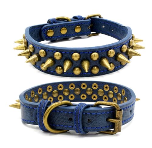 Leder-Hundehalsband, Airtag-Set, Nieten, Nieten, Vintage-Bronze-Halsband für kleine, mittelgroße und große Hunde, blau, S von HimyBB