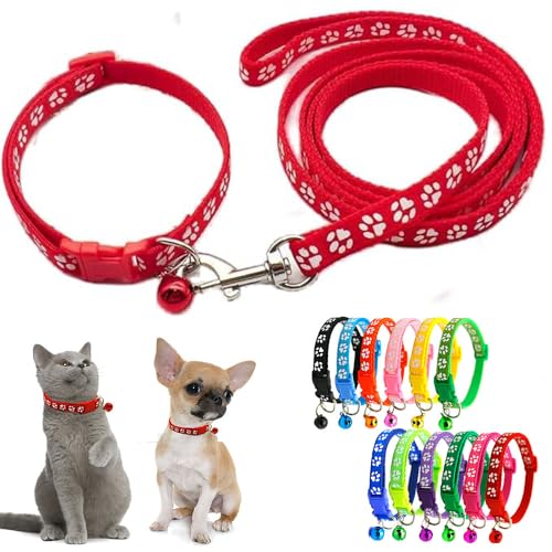 Red Bell Halsband für kleine Hunde, Leine, Nylon, reflektierend, Pfotenabdruck, für XXS / XS / kleine Katzen, Welpen, Haustierstreu, kleines Kätzchen von HimyBB
