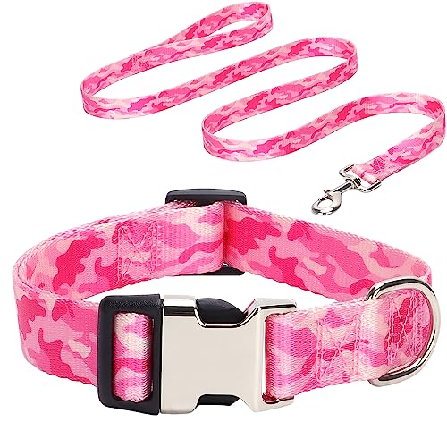 Safety Metal Buckle Pet Dog Collar Dog Collar Leash Set Girls Adjustable Collar for Small Medium Large Dogs Pink Camo L von HimyBB