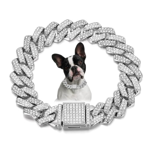 Silbernes Hundehalsband, glitzernde Diamanten, kubanische Gliederkette, Glitzerkette, Strass-Hundehalskette für kleine, mittelgroße und große Haustiere, 40,6 cm Silbernes Hundehalsband, glitzernde Diamanten, kubanische Gliederkette, Glitzerkette, Strass-Hundehalskette für kleine, mittelgroße und große Haustiere, 40,6 cm von HimyBB
