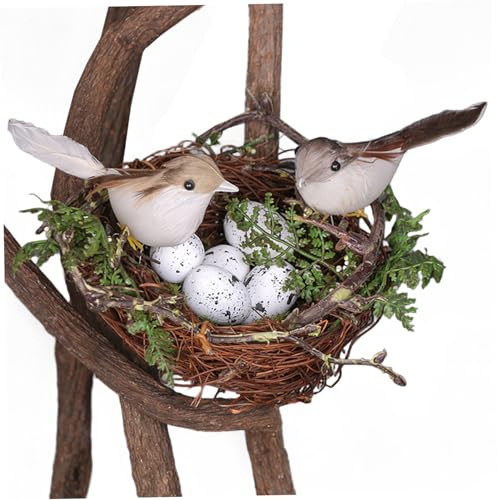 Vogelnest-Dekor 6, 3 Zoll realistische Vogelhäuser aus Kunststoff-Rattan mit 2 Vögeln und 5 Eiern für Garten Hof Zuhause Osterdekoration Vogelnest-Dekor 6, 3 Zoll realistische Vogelhäuser aus Kunststoff-Rattan mit 2 Vögeln und 5 Eiern für Garten Hof Zuhause Osterdekoration von Hintyne