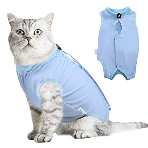 Hipet Cat Chirurgischer Erholungsanzug für Bauchwunden oder Hautkrankheiten,Ersatz E-Kragen & Kegel,Katzen Onesie Anti Licking Pet Surgical Recovery Vest Shirt (L, Blau) von Hipet