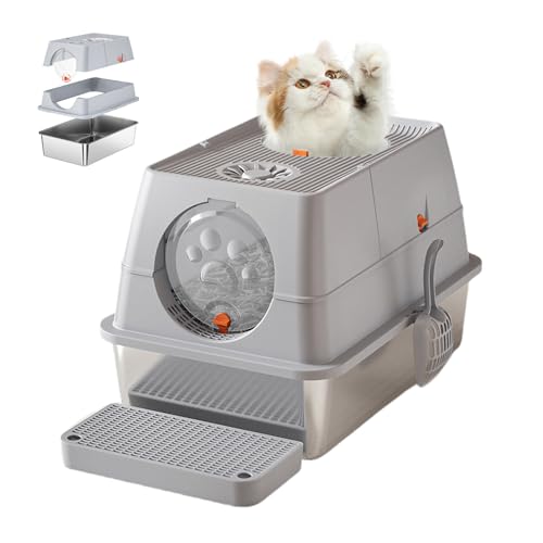Große Katzentoilette aus Edelstahl mit Deckel, Metall-Kitty-Katzentoilette mit Klappdeckel, Abnehmbarer Oberseite und Streuschaufel, hohe Hunde-sichere Katzentoiletten, grau, 39 cm Große Katzentoilette aus Edelstahl mit Deckel, Metall-Kitty-Katzentoilette mit Klappdeckel, Abnehmbarer Oberseite und Streuschaufel, hohe Hunde-sichere Katzentoiletten, grau, 39 cm von Hipicute