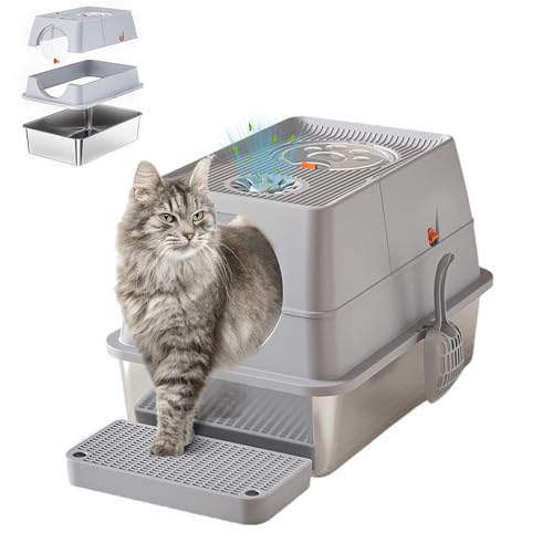 Große Katzentoilette aus Edelstahl mit Deckel, Metall-Kitty-Katzentoilette mit Klappdeckel, Abnehmbarer Oberseite und Streuschaufel, hohe Hunde-sichere Katzentoiletten, grau, 44 cm Große Katzentoilette aus Edelstahl mit Deckel, Metall-Kitty-Katzentoilette mit Klappdeckel, Abnehmbarer Oberseite und Streuschaufel, hohe Hunde-sichere Katzentoiletten, grau, 44 cm von Hipicute