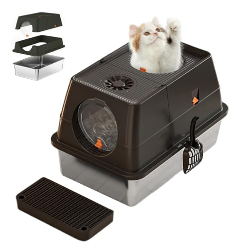 Große Katzentoilette aus Edelstahl mit Deckel, Metall-Kitty-Katzentoilette mit Klappdeckel, Abnehmbarer Oberseite und Streuschaufel, hohe Hunde-sichere Katzentoiletten, schwarz, 39 cm Große Katzentoilette aus Edelstahl mit Deckel, Metall-Kitty-Katzentoilette mit Klappdeckel, Abnehmbarer Oberseite und Streuschaufel, hohe Hunde-sichere Katzentoiletten, schwarz, 39 cm von Hipicute