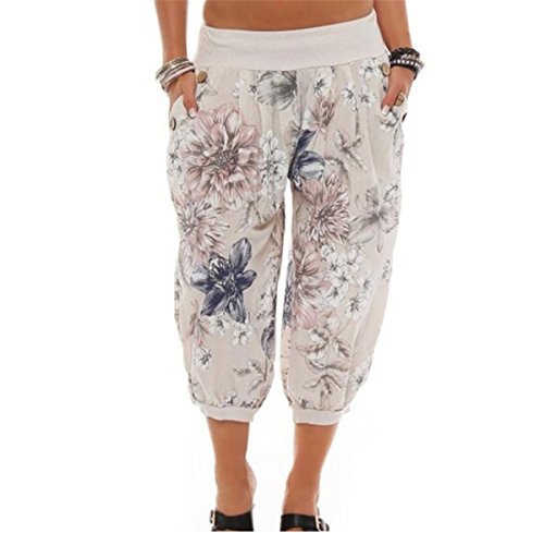 Hippolo Damen Pumphose mit Blumen Print-Bandbreite-Lose Frauen-Breite Bein-Hosen (XL, Beige) von Hippolo