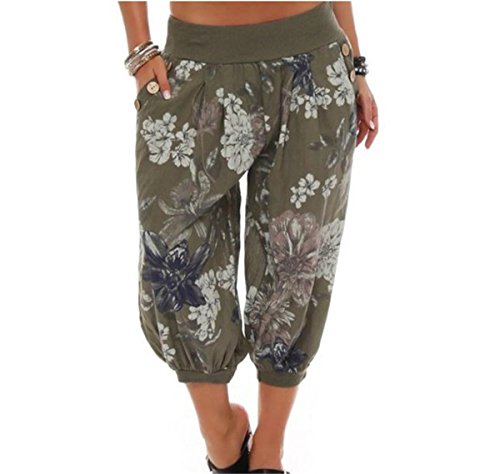 Hippolo Damen Pumphose mit Blumen Print-Bandbreite-Lose Frauen-Breite Bein-Hosen (XXL, Armeegrün) von Hippolo