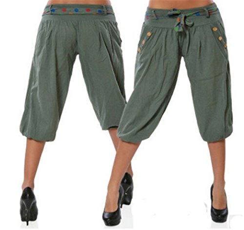 Hippolo Frauen Solid Color Loose Button Schmücken Low-Rise Casual Cropped Pants,Lässige Kurze Hose/Haremshose (L, Grün) von Hippolo