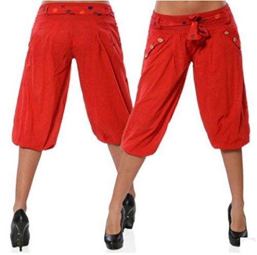 Hippolo Frauen Solid Color Loose Button Schmücken Low-Rise Casual Cropped Pants,Lässige Kurze Hose/Haremshose (M, Rot) von Hippolo