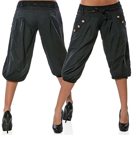 Hippolo Frauen Solid Color Loose Button Schmücken Low-Rise Casual Cropped Pants,Lässige Kurze Hose/Haremshose (XL, Schwarz) von Hippolo