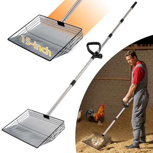 Große 38,1 cm große Hühnerkotschaufel, Hühnerstall-Zubehör, 61-172,7 cm lange Streuschaufel mit ergonomischem Griff, 5-in-1 multifunktionale, robuste Streu-Siebschaufel für Stall, Ziegenstall, stabile von Hipykat