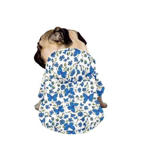 Hiseng Hunde Hoodie, Schmetterling Muster Hunde Kapuzenpulli Haustier Kleidung Winter Sweatshirt mit Reißverschluss und Tasche Wintermantel Warm Leicht Hundemantel (L,Blaue Blumen) von Hiseng