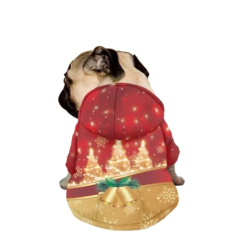 Hiseng Hunde Hoodie, Weihnachtsbaum Hunde Kapuzenpulli Haustier Kleidung Winter Sweatshirt mit Reißverschluss und Tasche Wintermantel Warm Leicht Hundemantel (L,Goldene Glocke) von Hiseng