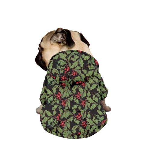 Hiseng Hunde Hoodie, Weihnachtsstechpalme Hunde Kapuzenpulli Haustier Kleidung Winter Sweatshirt mit Reißverschluss und Tasche Wintermantel Warm Leicht Hundemantel (L,Grüne Blätter) von Hiseng