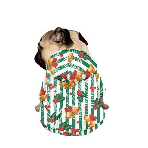 Hiseng Hunde Hoodie, Weihnachtsstechpalme Hunde Kapuzenpulli Haustier Kleidung Winter Sweatshirt mit Reißverschluss und Tasche Wintermantel Warm Leicht Hundemantel (L,Grüne Streifen) von Hiseng