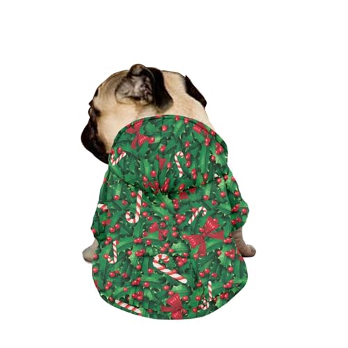 Hiseng Hunde Hoodie, Weihnachtsstechpalme Hunde Kapuzenpulli Haustier Kleidung Winter Sweatshirt mit Reißverschluss und Tasche Wintermantel Warm Leicht Hundemantel (L,Rote Beeren) von Hiseng