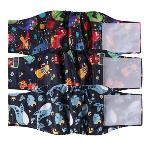Hisprout männliche Hundewindeln 3-Pack waschbare Wiederverwendbare Hundewindel für männliche hoch saugfähige Hundewickeln mit flexiblem Klettverschluss(Whale/Robot/Dinosaur,L) von Hisprout