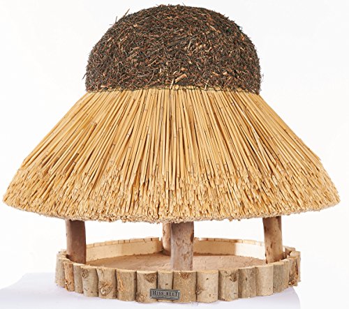 Hiss Reet® Vogelfutterhaus, Vogelhaus - mit Reetdach I Futterhaus für Vögel aus Eukalyptus Holz I Sylt I ideal für Balkon und Garten I wetterfest (XL - ca. 74 cm Traufe) von Hiss Reet