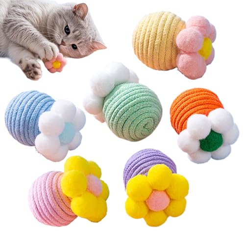 Hitburu Katzen Spielzeug Bälle | Seil Interaktiver Katzenball - 6 Stück mit Glocke innen für Haustier Bereicherung Kratzübungen Indoor Spiel Jagen und Verfolgen für Kätzchen Weihnachten Geburtstag von Hitburu