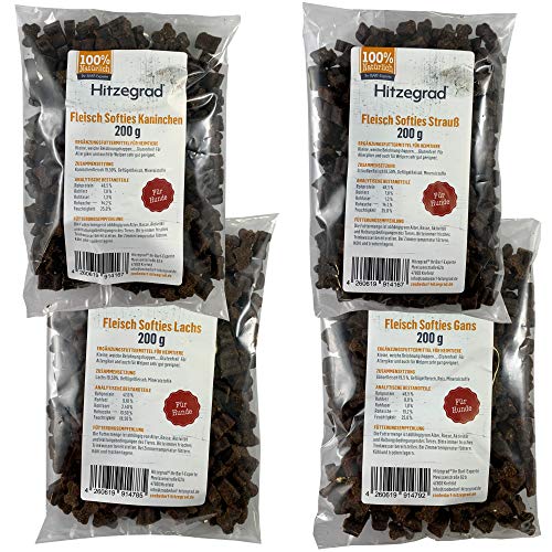 Hitzegrad 100% Fleisch Softies Glutenfreies Trainingsleckerli für Hunde 4er Pack (4x 200g) 200g Kaninchen, 200g Strauß, 200g Lachs, 200g Gans von Hitzegrad