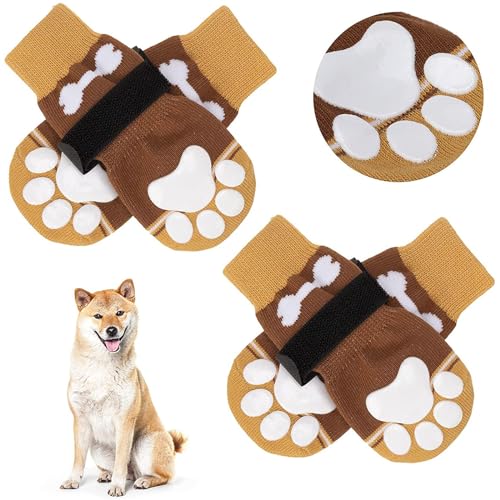 Hixingo 2 Paar Hundesocken Anti Rutsch, Hundesocken Winter Pfotenschutz Indoor Weicher Socken für Hunde mit Klettverschluss für Hartholzböden (L,Khaki) von Hixingo