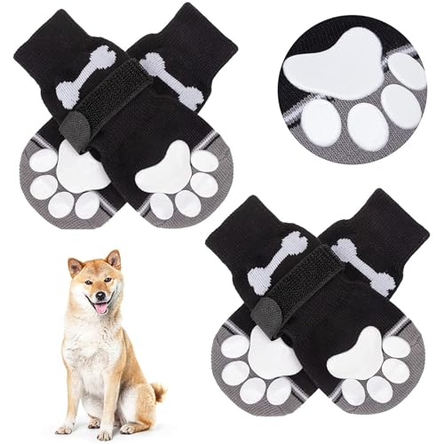 Hixingo 2 Paar Hundesocken Anti Rutsch, Hundesocken Winter Pfotenschutz Indoor Weicher Socken für Hunde mit Klettverschluss für Hartholzböden (M,Schwarz) von Hixingo