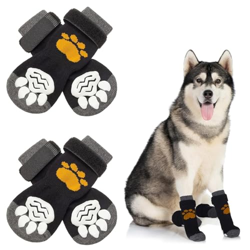 Hixingo 2 Paar Hundesocken Anti Rutsch, Hundesocken Winter Pfotenschutz Indoor Weicher Socken für Hunde mit Klettverschluss für Hartholzböden in Innenräumen (L,Gelb Weiß) von Hixingo