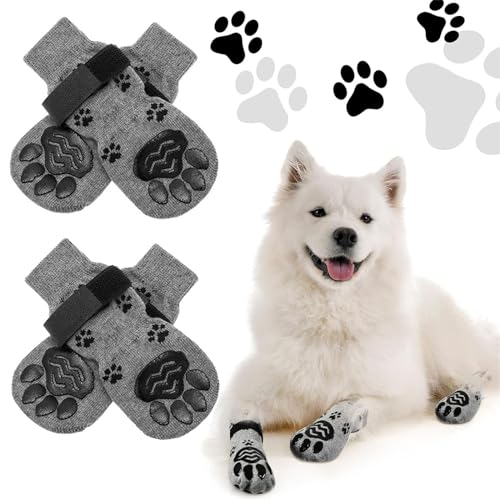 Hixingo 2 Paar Hundesocken Anti Rutsch, Hundesocken Winter Pfotenschutz Indoor Weicher Socken für Hunde mit Klettverschluss für Hartholzböden in Innenräumen (L,Grau) von Hixingo