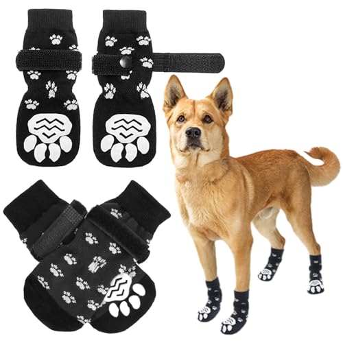 Hixingo 2 Paar Hundesocken Anti Rutsch, Hundesocken Winter Pfotenschutz Indoor Weicher Socken für Hunde mit Klettverschluss für Hartholzböden in Innenräumen (L,Schwarz) von Hixingo