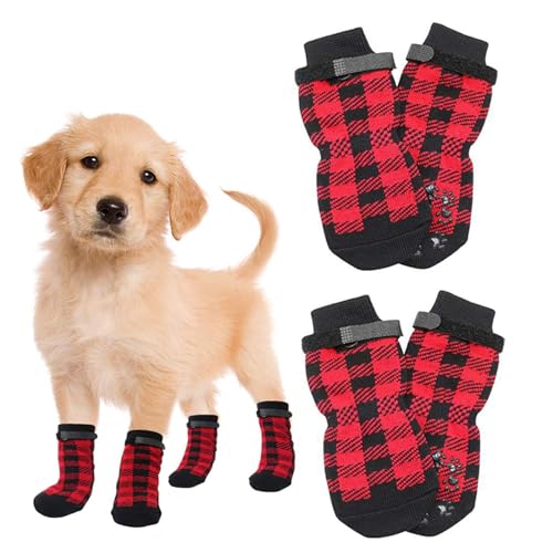 Hixingo 2 Paar Hundesocken Anti Rutsch, Hundesocken Winter Pfotenschutz Indoor Weicher Socken für Hunde mit Klettverschluss für Hartholzböden in Innenräumen (M,Rot) von Hixingo