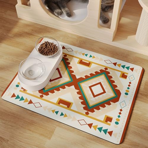 Hixingo Napfunterlage Hund Katzen Futternapf Unterlage, Saugfähige Haustier Futtermatte rutschfeste Hundenapf Unterlage Waschbar Katzennapf Futtermatte -Geometrie Druck (Braun,50x70cm) von Hixingo