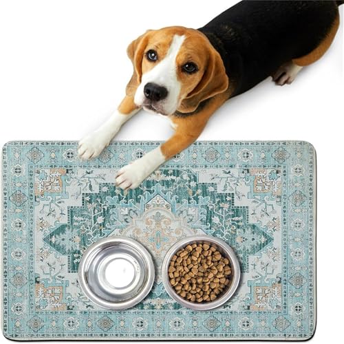 Hixingo Napfunterlage Hund Katzen Futternapf Unterlage, Saugfähige Haustier Futtermatte rutschfeste Hundenapf Unterlage Waschbar Katzennapf Futtermatte -Retro Böhmen (Grün,40x60cm) von Hixingo