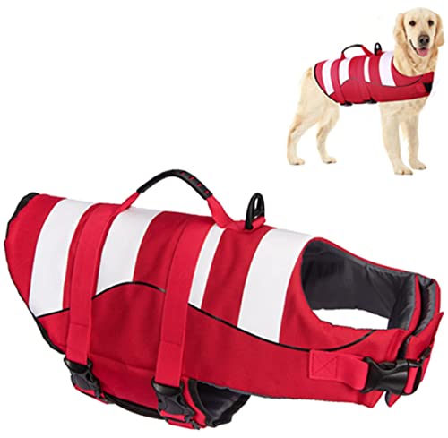 Schwimmweste Hund Klassische Streifen, Reißfeste Größenverstellbar mit Starkem Rettungsgriff Hund Rettungsweste für Schwimmen und Bootfahren (Rot, M (Chest Girth:53-65cm)) von Hjkiopc