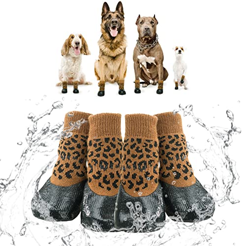 Hjumarayan 4 Stück Hundesocken Wasserdicht Anti Rutsch Hundeschuhe Pfotenschutz Hund Schuhe Indoor Outdoor rutschfeste Stoppersocken für Hunde Welpen, Leopardenmuster (0#) von Hjumarayan