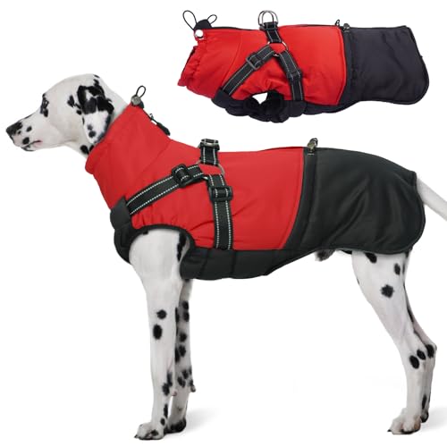 Hjumarayan Hundemantel Grosse Hunde, Hundemantel mit Geschirr Hundejacke Wasserabweisend Mantel Winter, Hunde Jacke Gefüttert Outdoor Hundeweste Warm für Labrador Windhund, Rot 3XL von Hjumarayan