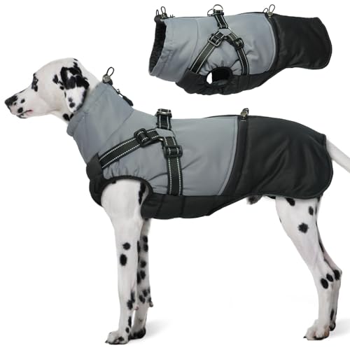 Hjumarayan Hundemantel Grosse Hunde, Hundemantel mit Geschirr Hundejacke Wasserabweisend Mantel Winter, Hunde Jacke Gefüttert Outdoor Hundeweste Warm für Labrador Windhund, Schwarz 3XL von Hjumarayan