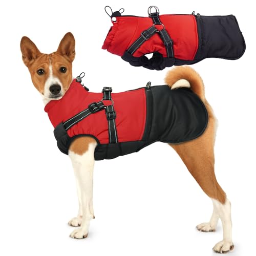 Hjumarayan Hundemantel für Kleine Hunde, Hundemantel mit Geschirr Wintermantel Klein Hunde Mantel Gefüttert, Hundejacke Wasserabweisend und Warm Mantel Winter, Rot M von Hjumarayan